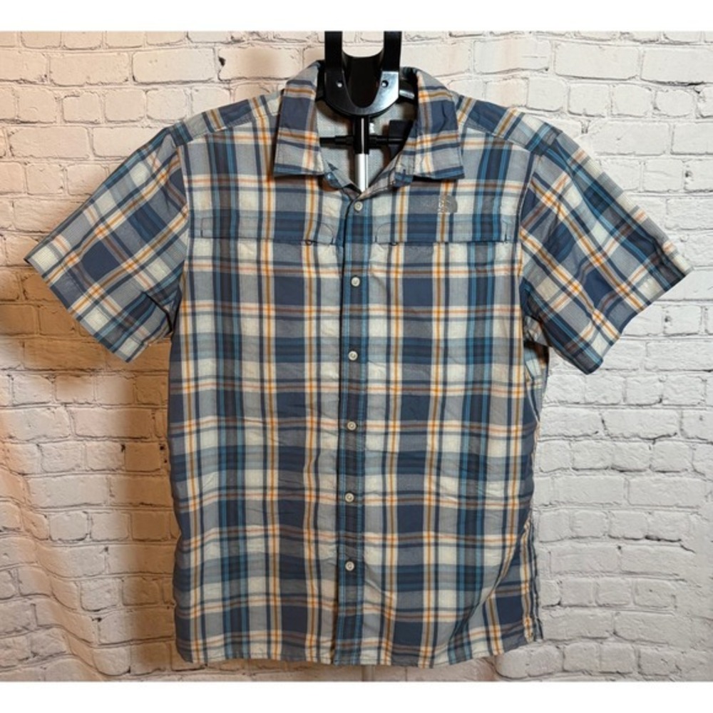 The North Face Mens Plaid Short Sleeve Button Down Hiking Shirt Blue Orange M